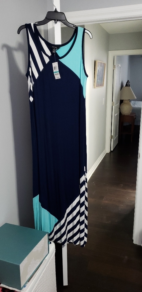 Spring maxi dress; Navy stripes with turquoise